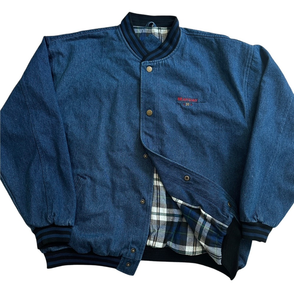 VTG 90s Hilton Active Apparel Denim Varsity Jacket Mens XL Flannel Plaid Lined